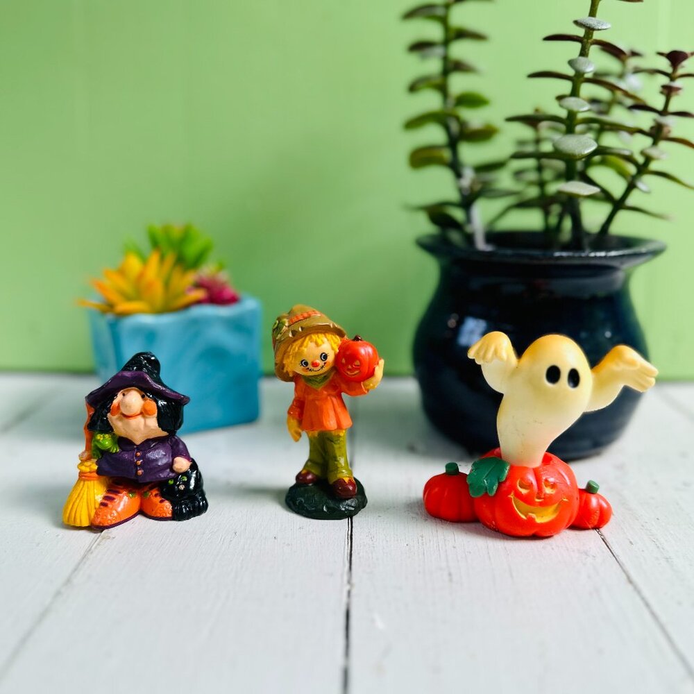 Vintage Hallmark Halloween Figurines Witch Ghost Scarecrow Set of 3